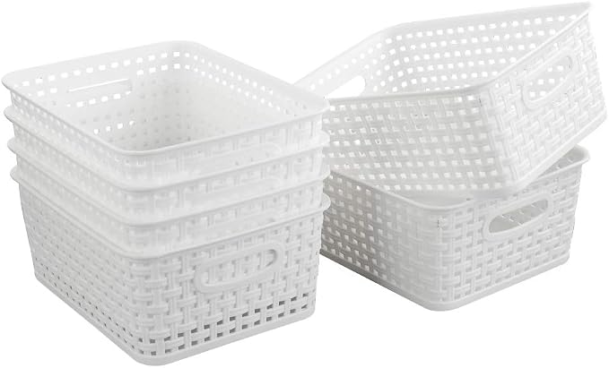 4-Pack Small Storage Baskets, Woven Plastic Basket, White | 10" x 7.7" x 4", Home Organization, Space - Saving Storage, Stylish Design, Organizer Baskets for Cabinet, Closet, Office
