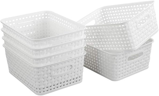 4-Pack Small Storage Baskets, Woven Plastic Basket, White | 10" x 7.7" x 4", Home Organization, Space - Saving Storage, Stylish Design, Organizer Baskets for Cabinet, Closet, Office