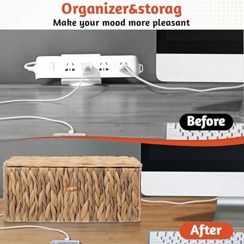 Cable Management Box with Lid 2 Pack Hand-Woven Water Hyacinth Decorative Cord Organizer 2 Side Open Slots Wicker Cable 