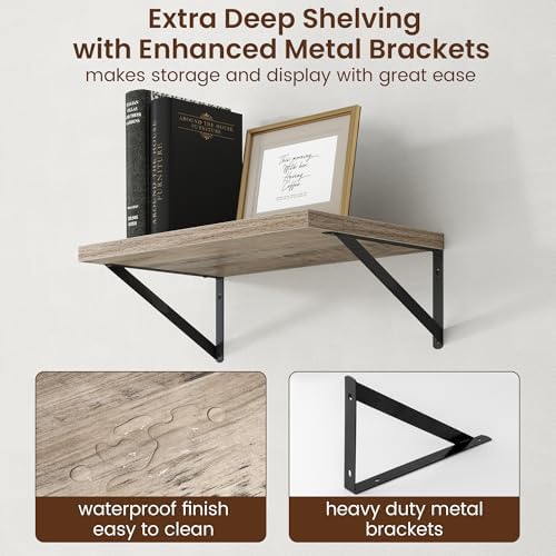 Axeman Deep Floating Shelves - 20 Inch Floating Shelves Set of 2-12 Inch Deep Grey Wall Shelves for Living Room Bathroom