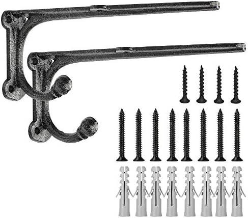 Metal Wall Shelf Brackets 8 Inch with Hooks Heavy Duty Brackets for Floating Shelves, Cast Iron Shelf Bracket Black 2 Pa