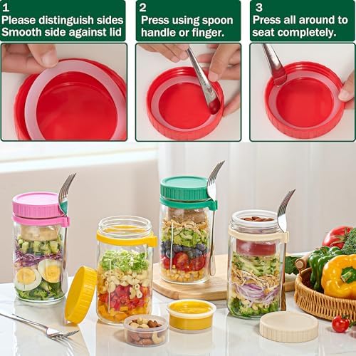 Danmu 32 oz Salad Jars with 2 Dressing Cups - Glass Mason Jar Meal Prep Containers,Wide Mouth,Leak Proof,Dishwasher Safe - Dry Wet Food Separation for Fresh Salad,Leftovers 4 Pack
