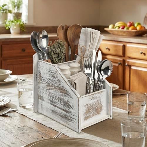 MyGift Whitewashed Wood TV Remote Control Holder with 3 Compartments