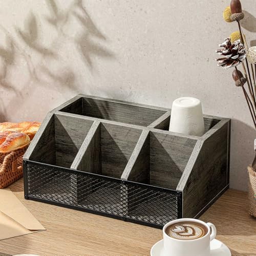 Yalikop Gray Wooden Coffee Bar Organizer, No Assembly, Rustic
