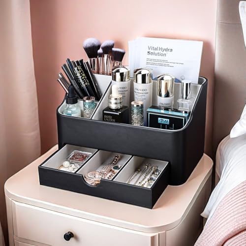 KINGFOM Leather Makeup Organizer with Drawer, Cosmetic Storage for Dresser Countertop and Bathroom Vanity, Beauty Holder