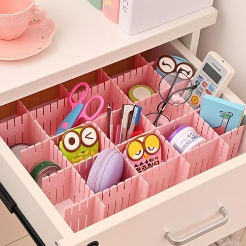 ZOENHOU 60 PCS DIY Drawer Divider Organizers, Pink Grid Drawer Dividers, Adjustable Premium Plastic Organizers for Makeu
