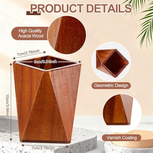 Henoyso 2 Pcs Acacia Wood Geometric Pen Holder Pencil Cup Office Desk