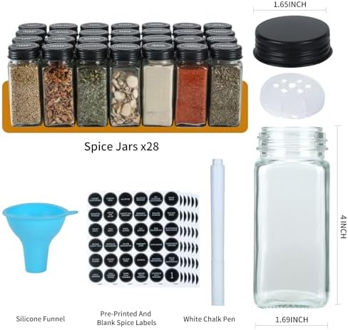 Skiileor Spice Rack Organizer with 28 Spice Jars, Black Lids, Spice Labels
