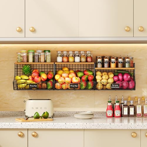 3 Pack Extra Large Fruit Basket for Kitchen with Wood Lid Nameplate - Counter&Wall Mounted Onion and Potato Storage Bin,