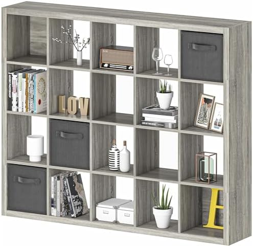 furtble Bookshelf with Storage Bins, 20-Cube Storage Organizer with Back Panels, Modern Bookshelf for Bedroom, Multifunc