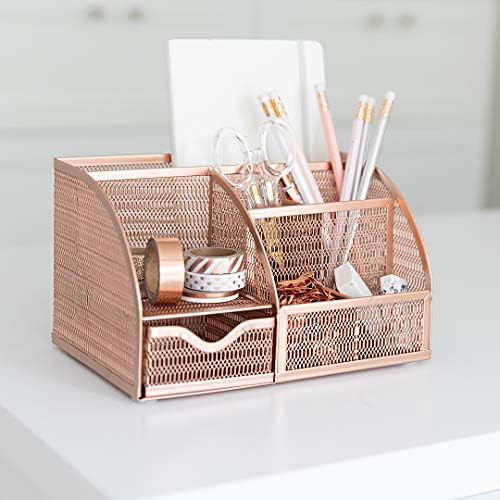 BLU MONACO Rose Gold Mesh Metal Desk Organizer with Drawer – 6 Compartments for Office Supplies & Accessories