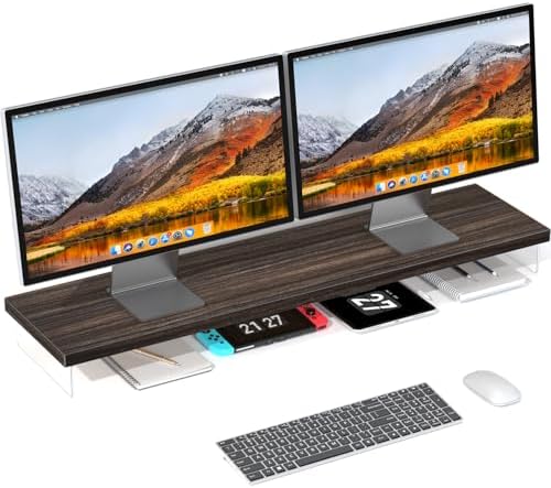 Dual Monitor Stand Riser, 40x10 in Wood & Acrylic Desktop Organizer Shelf
