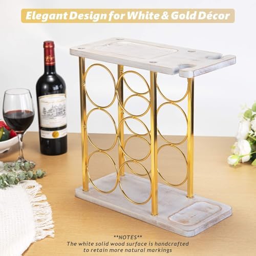 Gold Wine Rack with Glass Holder, Countertop Wooden Wine Holder for 6 Bottles & 2 Glasses, Includes Storage Trays for Co
