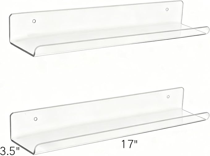ROYALITA 2-Pack Acrylic Shelves Wall Mounted, 17 Inch Display Shelves | for Small Items Plants Organize Wall Shelves for Gaming Room, Bedroom, Living Room, Office, Clear