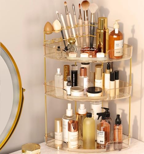 FELIZHOUSE 3-Tier Corner Bathroom Counter Organizer, Bathroom Countertop Shelf Makeup & Skincare Storage with Brush Hold