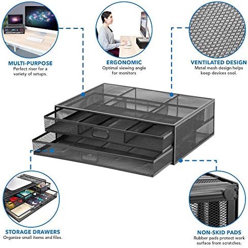 MOUNT-IT! Computer Monitor Stand With Drawers, Metal Mesh Riser and Organizer for Laptops and Computer Screens, Laptop, 