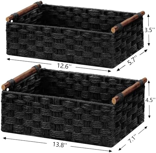 Vagusicc Wicker Storage Basket, Set of 2 Hand-Woven Paper Rope Wicker Basket for Organizing with Handle Decorative Stora