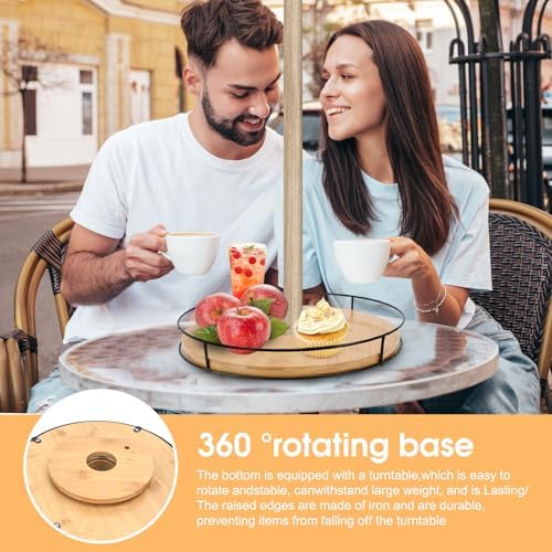 12" Lazy Susan with Umbrella Hole for Outdoor Patio Table - 360° Rotation Iron Turntable Organizer for Beach Umbrellas P