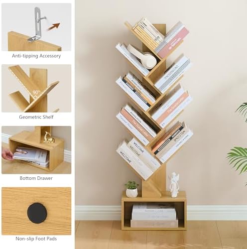 Hoctieon 9 Tier Tree Bookshelf, Tall Bookcase with Drawer, Wood Book Shelf, Modern Floor Standing Bookshelves, Book Orga