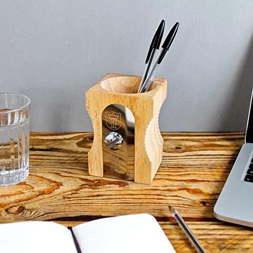 Suck UK Pen Holder - Wooden Pencil Sharpener - Stationary Organiser - Desk Tidy - Quirky Office Desk Accessories - Funny Pencil Pot Novelty Pen Holder - Vintage Teacher Gifts For Men - Light