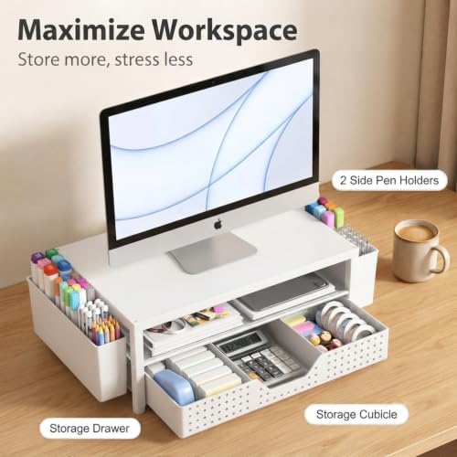 ECOLOVI Desk Organizer and Accessories, 2-Tier Computer Monitor Stand Rise with Storage Drawer & 2 Pen Holders, Laptop &