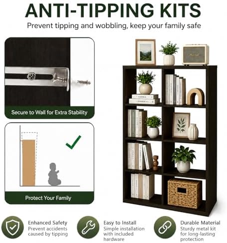 CTESNE【Wooden Thick Frame 8 Cube Storage Organizer Shelf with Anti-Tipping Kits + Reversible Open Back Bookcase, Horizon