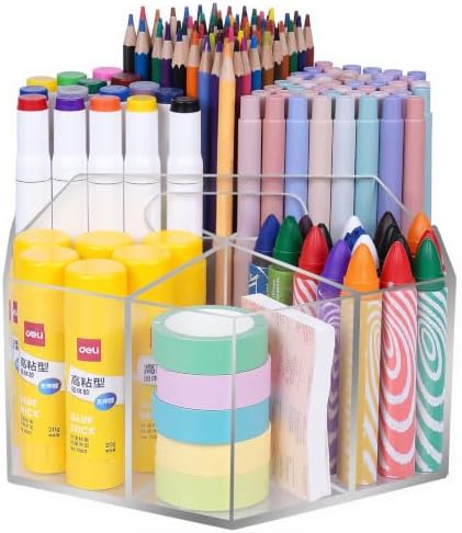 Pen Holder for Desk Acrylic, Large 6 Slots 360-Degree Rotating Marker Organizer Pencil Holder, Caddy Art Supply Organizer Crayon Organizers for Office School