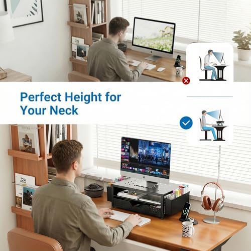 OPNICE Desk Organizer and Accessories, 2-Tier Computer Monitor Stand Riser with Drawer and 2 Pen Holders, Laptop Stand, 