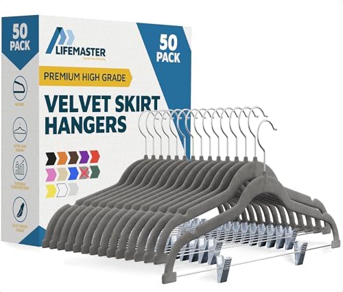 Lifemaster Velvet Skirt Hangers – with Adjustable Clips, 360 Degree Swivel Hook, and Non-Slip Shoulder Notch, Holds Up to 10 lbs, for Organizing Skirt, Pants, Dress, and Clothes, Pack of 50, Gray