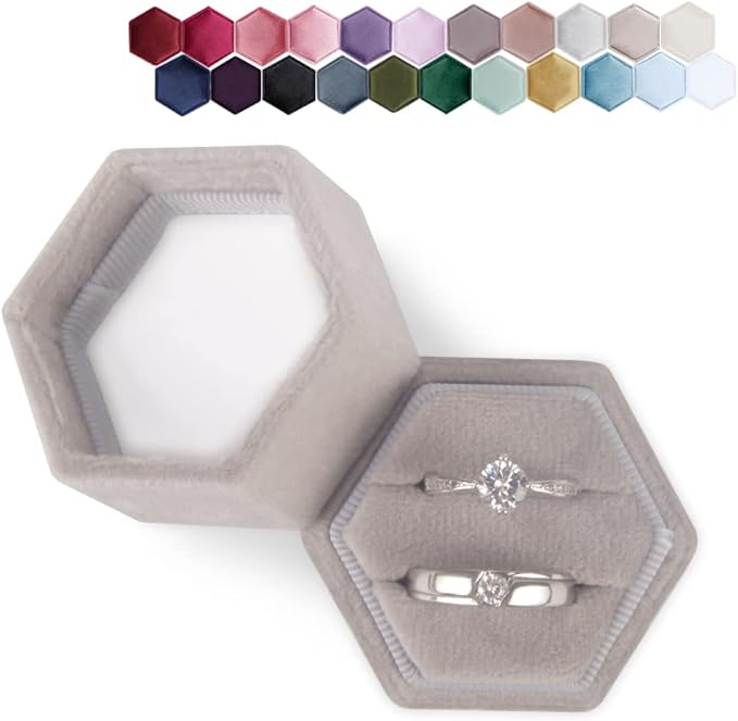 DesignSter Velvet Ring Box Hexagon - Premium Gorgeous Vintage Double Ring Display Holder with Detachable Lid for Proposal, Engagement, Wedding, Ceremony (Gray)