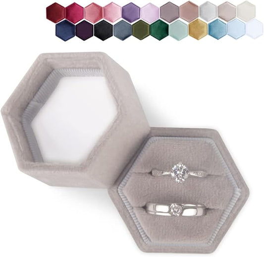 DesignSter Velvet Ring Box Hexagon - Premium Gorgeous Vintage Double Ring Display Holder with Detachable Lid for Proposal, Engagement, Wedding, Ceremony (Gray)