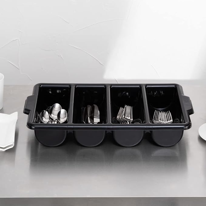 Restaurantware-21.9 x 14.2 x 3.5 Inch Silverware Organizer, 1 Crack-Resistant Cutlery Tray - 4 Compartments, Built-In Handles, Black Plastic Utensils Drawer Holder, For Kitchen Organization