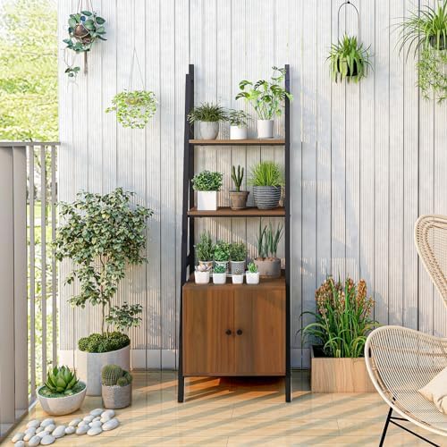 Tangkula 4-Tier Ladder Shelf, Industrial Bookshelf with Cabinet