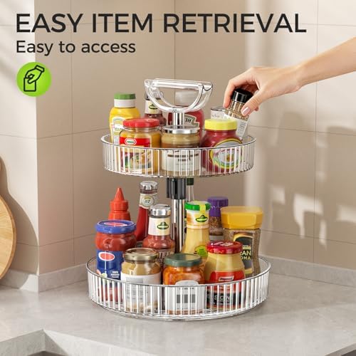 2-Tier Rotating Organizer with Handle – Adjustable Shelf, 360° Lazy Susan Turntable for Kitchen Countertop, Bathroom, Pa