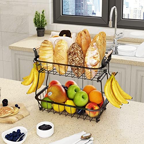 ANTOPY 2 Tier Fruit Basket with 2 Banana Hangers, Countertop Fruit Vegetable Basket Bowl for Kitchen Counter Metal Wire 
