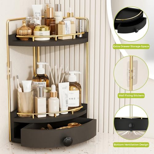 2-Tier Corner Bathroom Counter Organizer with Drawer, Black Gold