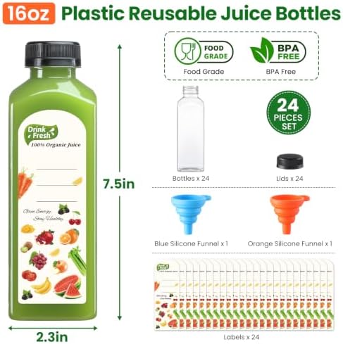 24 PACK, 16 OZ Reusable Thicker Plastic Juice Bottles with Caps, Leakproof