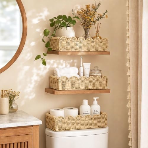 Upgraded L Scalloped Wicker Basket with Wood Handle