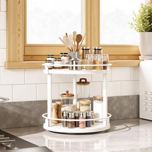 YATINEY Lazy Susan Organizer, Rotating Spice Rack, 2 Tier Spice Turntable Organizer, Industrial Turntable Spice Holder, 