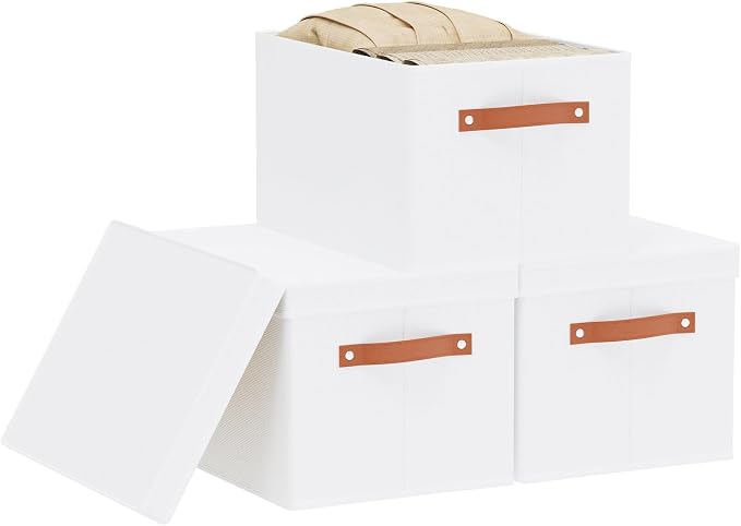 3 Pack Storage Boxes with Lids, Storage Baskets for Shelves, Decorative Linen Closet Organizers with Handles, White, 16.5 x 11.8 x 10.2 Inch