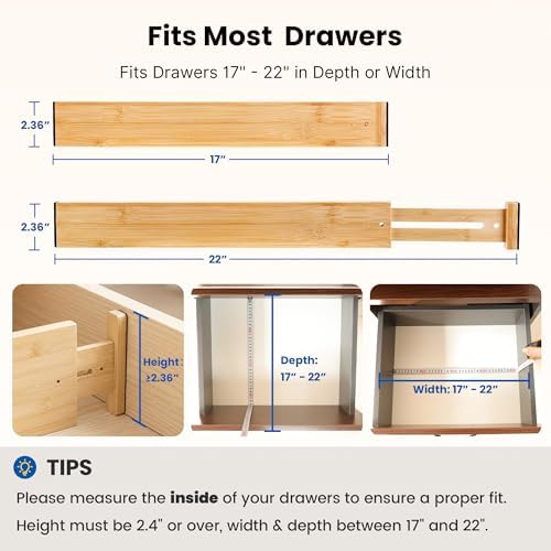4 Pack 2.36" Bamboo Drawer Dividers, 17-22" Expandable Kitchen Organizers