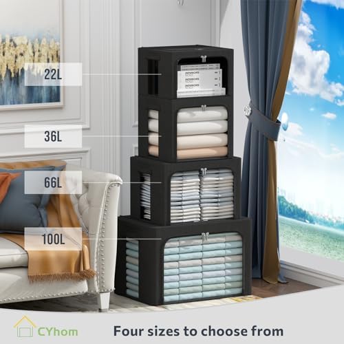 CYhom 3Pack Foldable Storage Bins - Frame Storage Box Linen Fabric Stackable Clothes Container Organizer with Clear Wind
