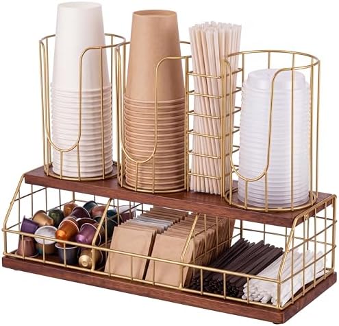Geelin 18oz Adjustable Coffee Cup Dispenser with Wooden Base, Cup and Lid Holder, Cups Holder Organizer for Coffee Pod S