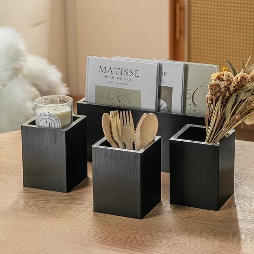 PTSTING Silverware Caddy Black Wood Silverware Holder Paper Plate Dispenser