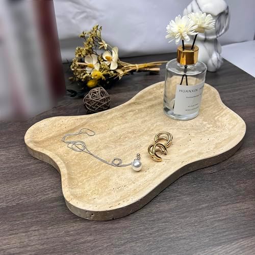 Natural Travertine Vanity Tray, Cloud Shape Decorative Organizer, 13.7x9 inches, Beige Stone Tray for Bathroom Counter, 