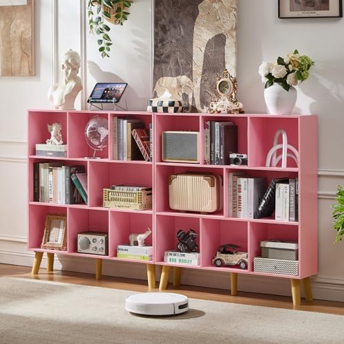 LEYAOYAO 8 Cube Bookshelf,Mid-Century Modern Bookcase with Legs,Light Pink