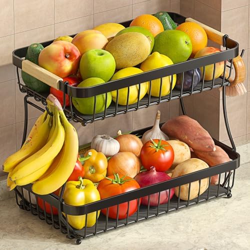 Sevenblue 2-Tier Fruit Basket with Banana Hangers, Detachable Metal Bowl