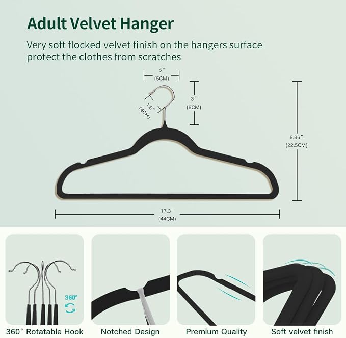 Stormix Adult Velvet Hangers Non-Slip Shoulder Notches 17.3'' 36 Pack Black