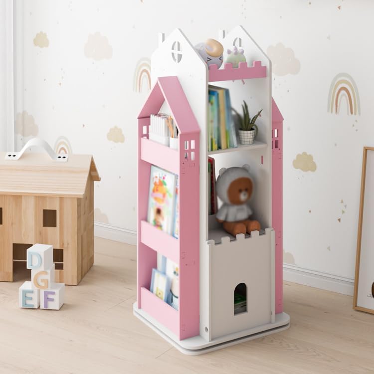 4-Tier Rotating Children's Bookshelf,Floor Standing Bookcase,360 Display Storage Rack,Book Display Shelf for Living Room