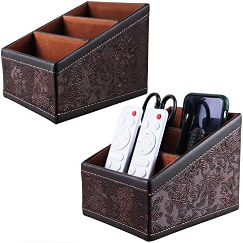 2 Pack PU Leather Remote Control Holder Storage Container for TV Remote Phone Caddy Eyeglasses（Brown）